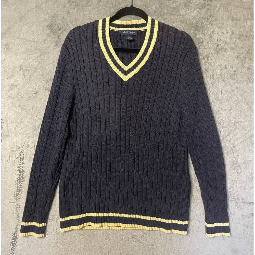 Brooks Brothers Pima Cotton Cricket Tennis Cable Knit V-Neck Sweater Navy Large